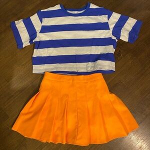 Nami one piece costume striped blue shirt and orange pleated skirt